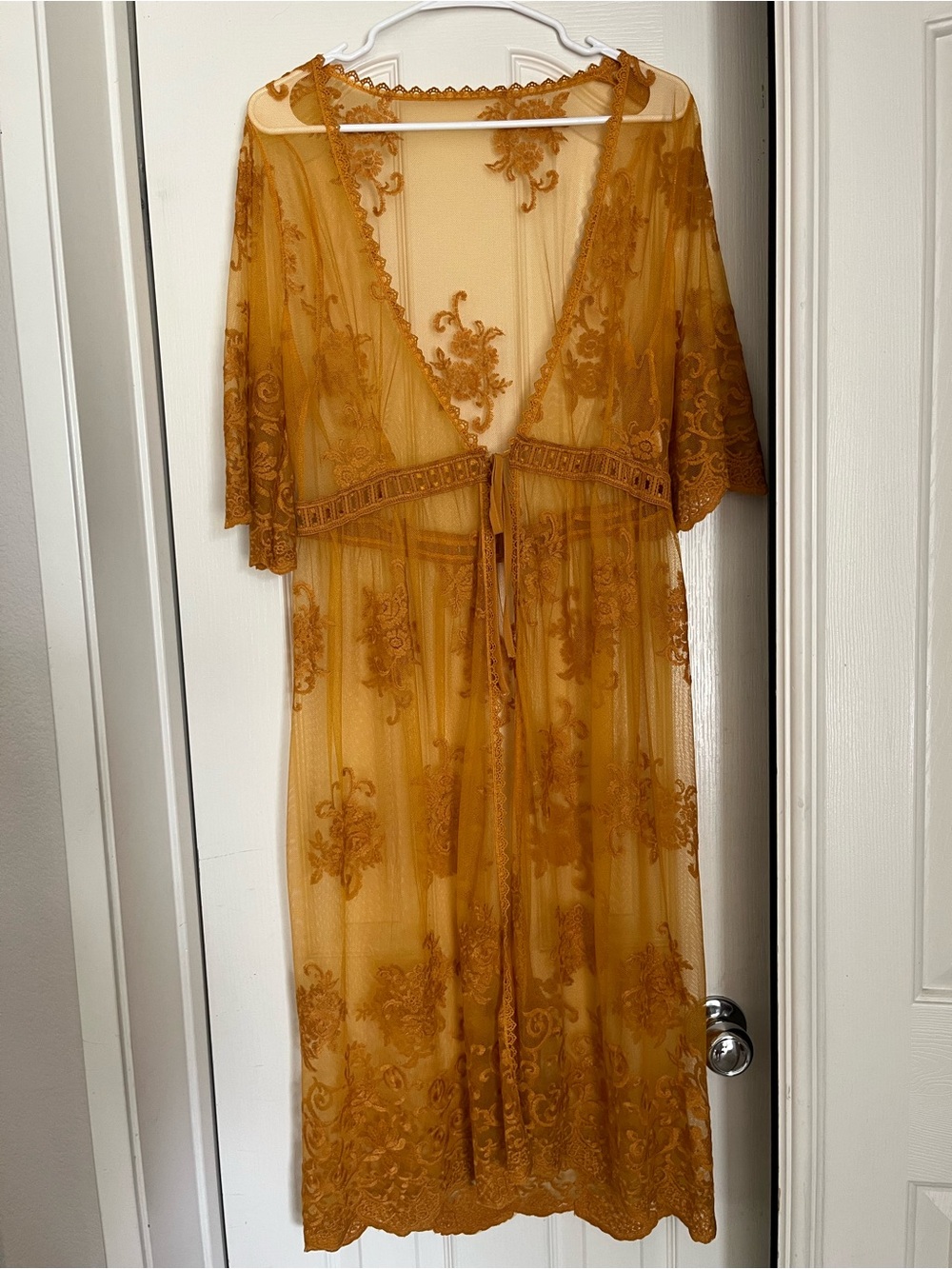 Mustard Yellow Sheer Lace Embroidered Kimono